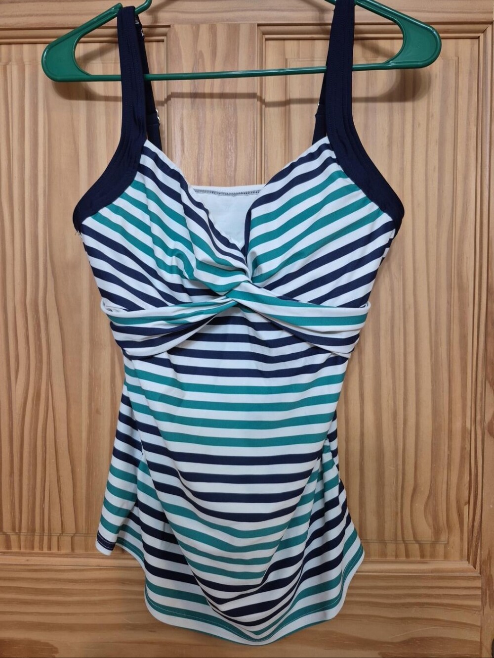 Lands’ End Twist Front Striped Tankini Swim Top Navy Teal White Size 10 NWT/NWOT